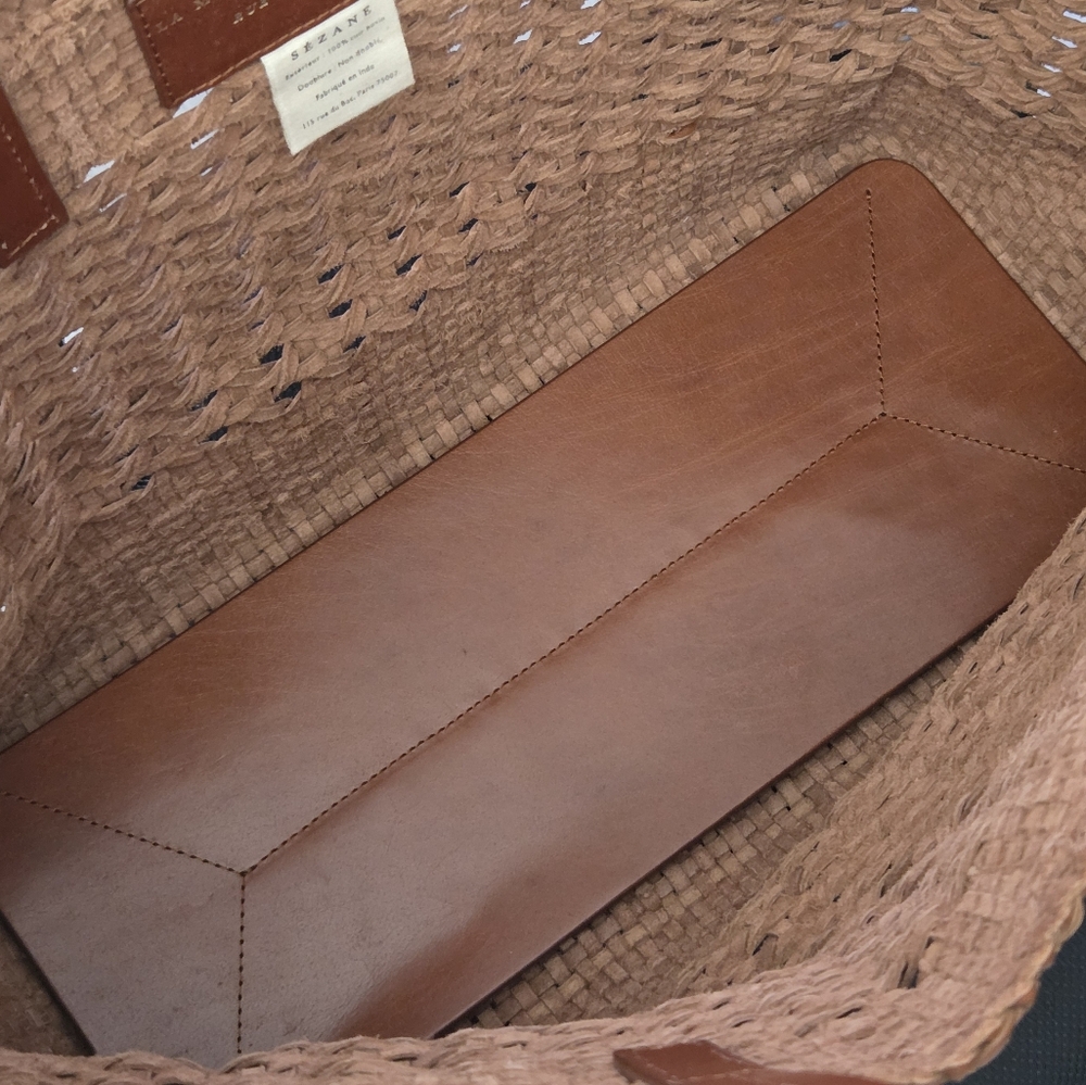 RARE SEZANE SAC CRISTOBAL LARGE WOVEN RATTAN LEATHER SHOPPER MARKET TOTE BAG - Picture 4 of 8